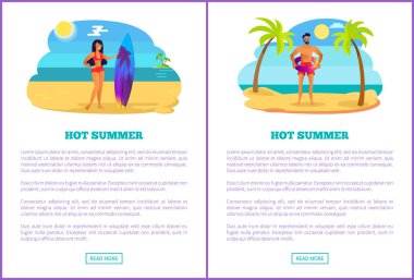 Sıcak yaz web afiş, kadın giyim bikini ile sörf tahtası ve tabaklanmış lifebuoy, tropikal resort vektör çizim üzerinde eğleniyor yaz, erkekte.