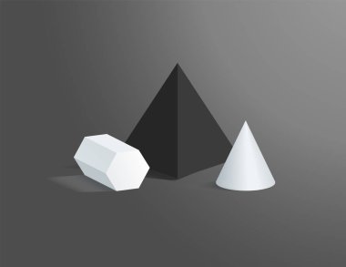 Koni ve siyah kare piramit ile altıgen prizma