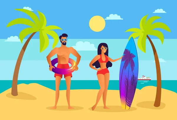 Hombre y mujer en la playa con tabla de surf y anillo — Vector de stock