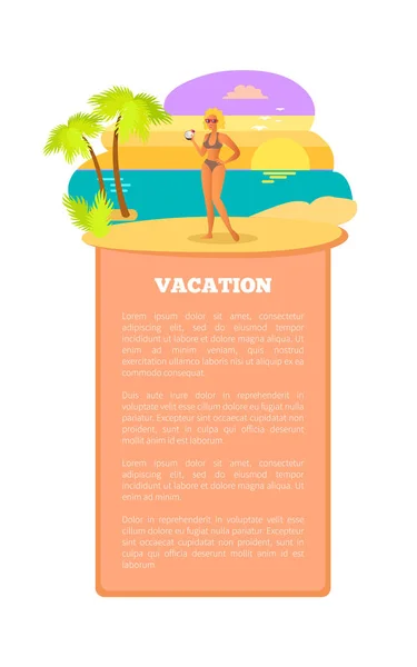 Vacation Hot Summer Poster Tropical Beach Woman — Stock Vector