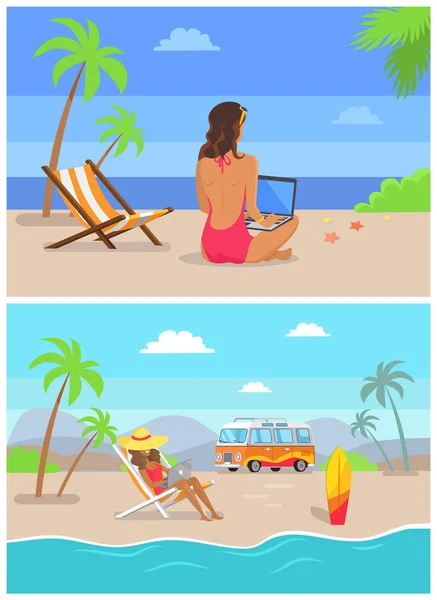 Trabalho por Seaside Freelance Set Vector Illustration — Vetor de Stock