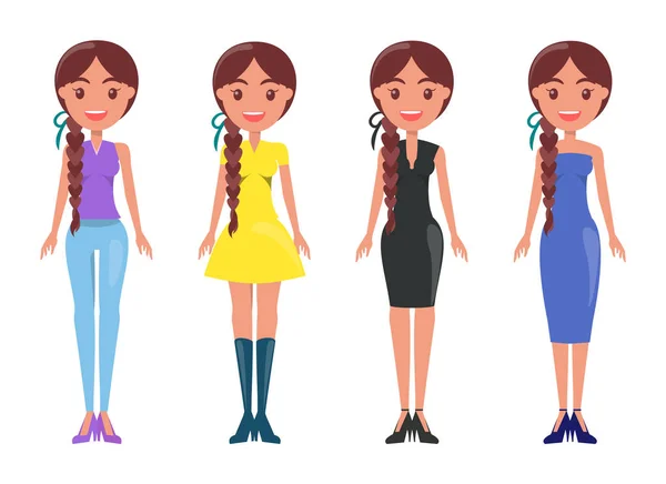 Young Women in Stylish Outfits of Summer Mode Set — Stock Vector