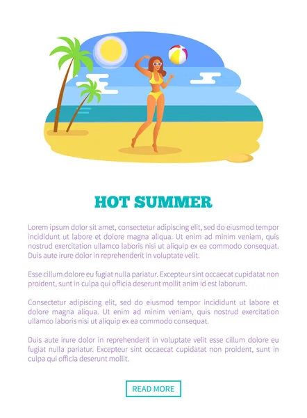 Καυτό καλοκαίρι Web αφίσα κορίτσι παίζοντας μπάλα ακτογραμμή — Διανυσματικό Αρχείο