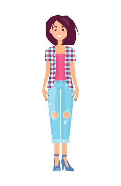 Jolie Brunette en pantalon Jeans à la mode — Image vectorielle