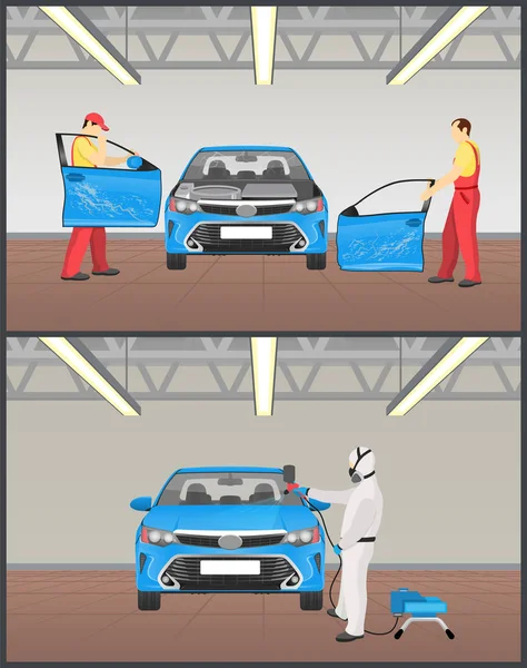 Pintura y reparación de automóviles cartel colorido — Vector de stock