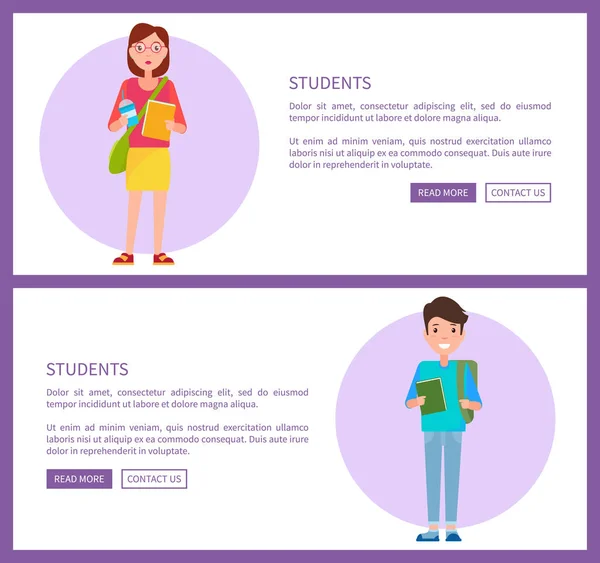 Studenti na webu plakáty Set chlapec drží Notebook dívka — Stockový vektor