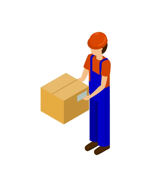 Hombre con línea de producción de paquetes de cartón Trabajador — Vector de stock