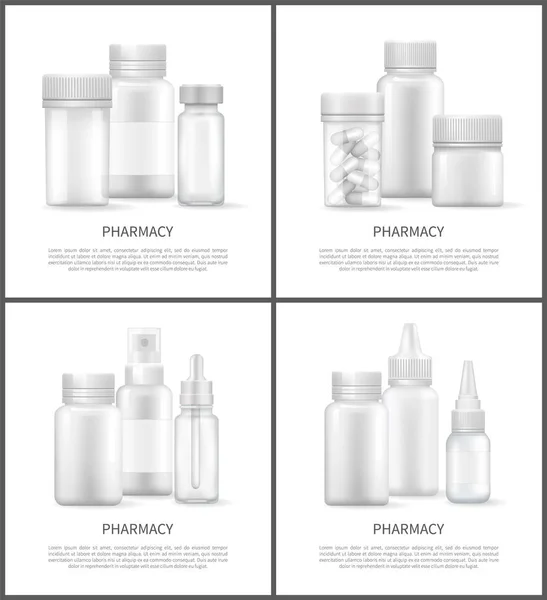 Píldoras de farmacia en botellas Set Vector Ilustración — Vector de stock