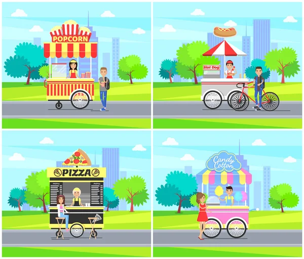 Perro caliente Pizza Street Vendedores Vector Ilustración — Vector de stock