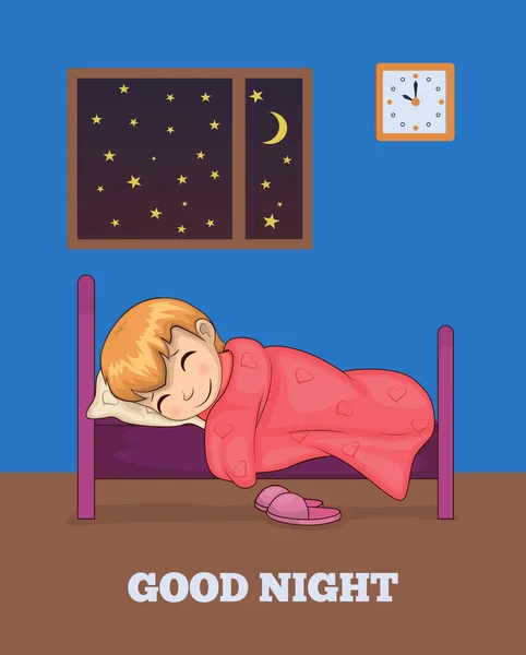 Cartel de buenas noches con chica durmiendo en la cama Vector — Vector de stock