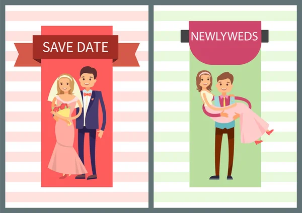 Save Date and Newlyweds Set Vector Illustration — Stock Vector