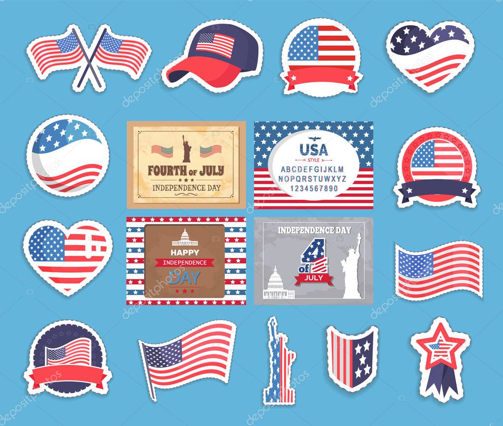 American Independence Day stickers with national flag set. Patriotic emblems for special holiday of country freedom cartoon vector illustrations.