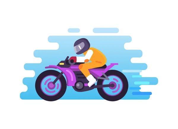 车手骑摩托车标志被隔离在蓝色背景 人的侧面在头盔 Motorbilker 在可爱的滑板车矢量插图男性骑自行车 — 图库矢量图片
