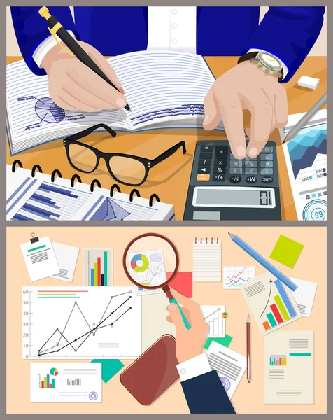 Business Charts Office Reports and Counting Man — Stock Vector