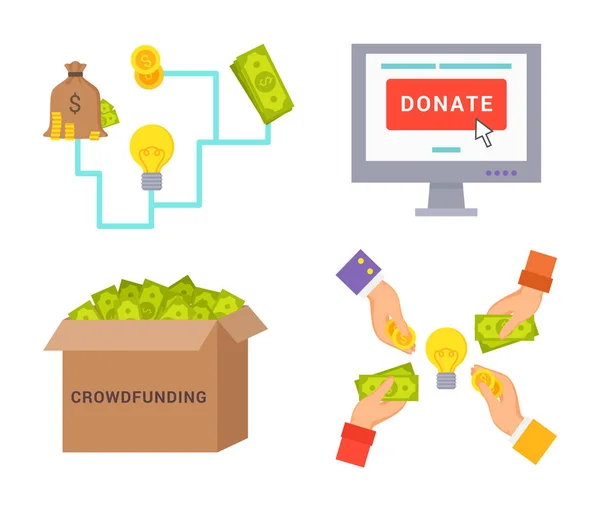 Crowdfunding e Doar Set Vector Ilustração —  Vetores de Stock