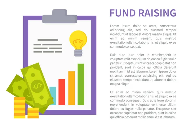 Banner promocional de recaudación de fondos con dinero y gráfico — Archivo Imágenes Vectoriales