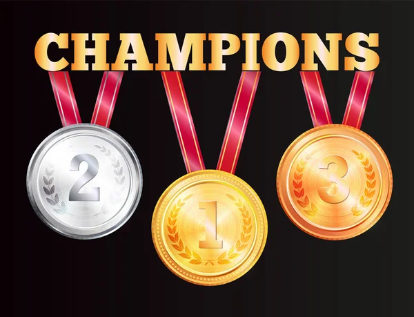 Médailles des champions isolées sur fond noir — Image vectorielle