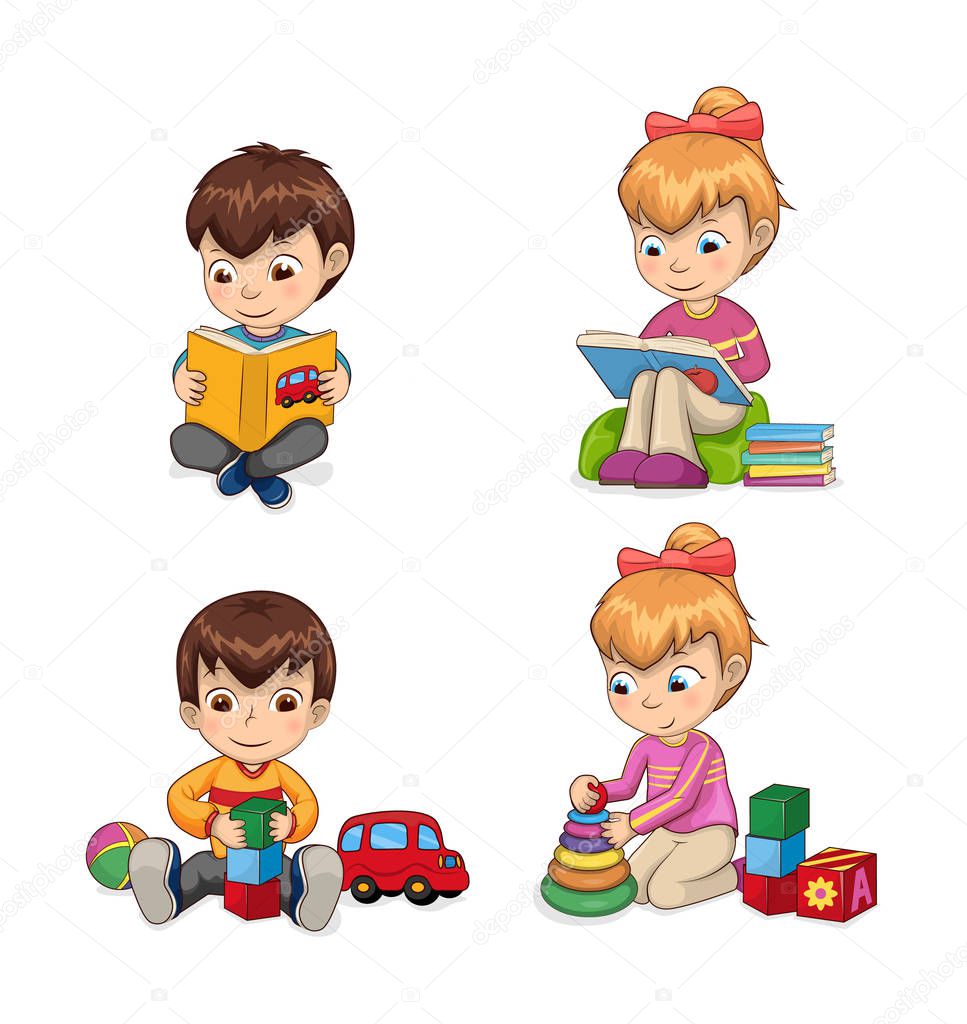 Attentive Children Reading Vector Illustration