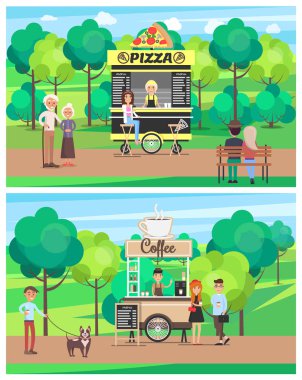 Pizza ve kahve dükkanı Set vektör çizim