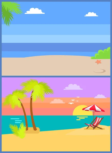 Coastal View Posters Set Tropical Beach, Sea Sand — Stock Vector