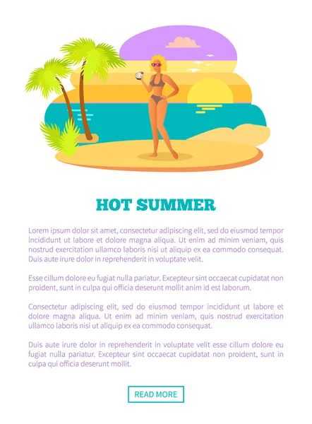 Καυτό καλοκαίρι Web αφίσα τροπική παραλία και γυναίκα — Διανυσματικό Αρχείο
