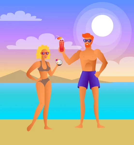 Erkek ve kadın kokteyller ile gece sahilde — Stok Vektör