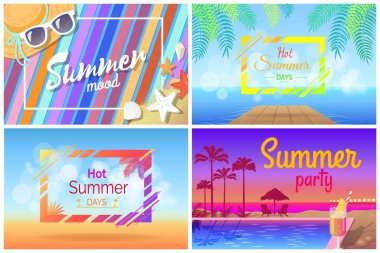 Yaz manzara plaj kompozisyon posterler ayarla