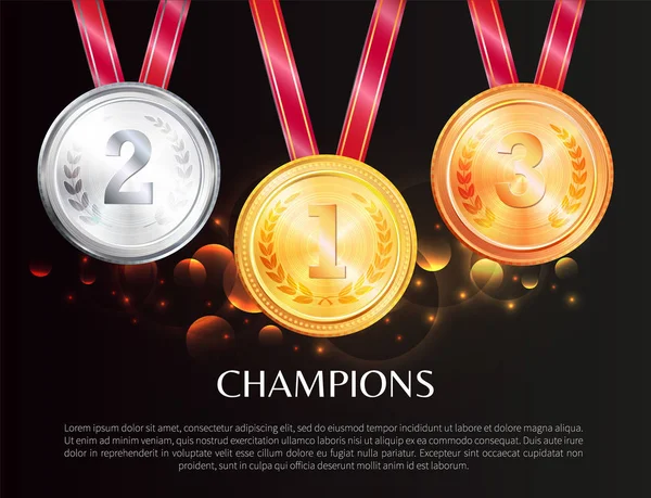 Champions Promo Poster mit Medaillen für Gewinner — Stockvektor
