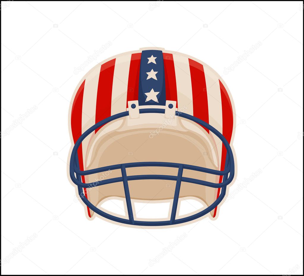 Helmet for american football sports, colorful poster of head protective headware, sport inventory color vector illustration with national game symbolism