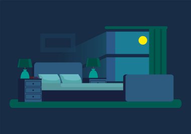 Penceresinden ay ışığı ile gece rahat yatak odası