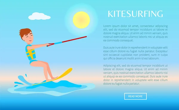 Kitesurfing Web Poster with Kitesurfer Smiling Boy — Stock Vector