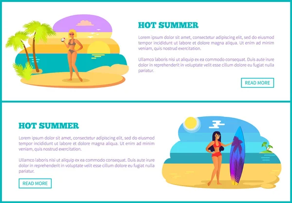 Καυτό καλοκαίρι Web αφίσα τροπική παραλία και γυναίκες — Διανυσματικό Αρχείο