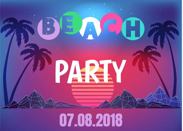Banner promocional de neón de fiesta de playa en estilo de los años 80 — Vector de stock