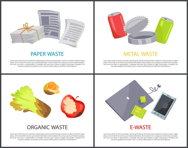 Biologische papier metaal en E-waste instellen kleurrijke kaarten — Stockvector