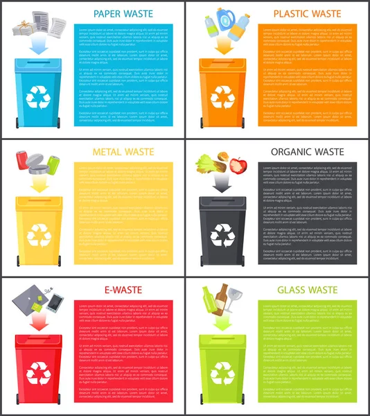 Different Waste Icons Above Trash Bins Color Cards — Stock Vector