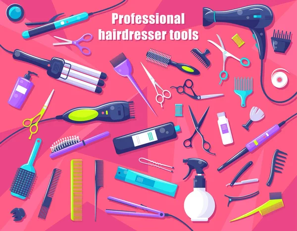 Professional Hairdresser Tools Isolated on Pink — Stock Vector