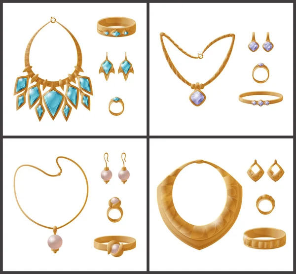 Set of Jewelry Items Golden Earrings with Pearls - Stok Vektor