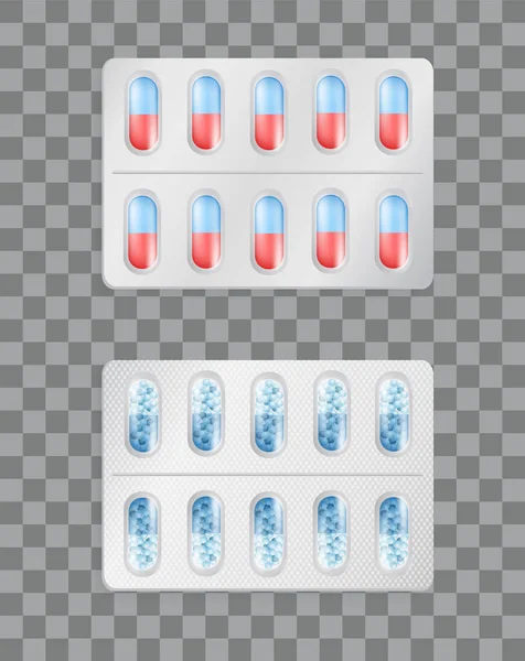 Aspirina ou vitaminas em comprimidos Embalagem para drogas —  Vetores de Stock