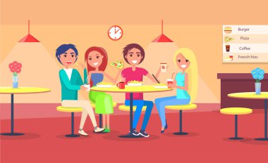 Cafe pizza yemek arkadaş mutlu çiftler vektör