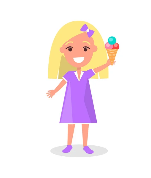 Young Girl Holding Cone Shape Ice Cream Three Color Balls — Stock Vector