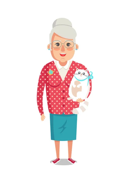 Mujer mayor con chaqueta roja Pet Cat, Abuela — Archivo Imágenes Vectoriales