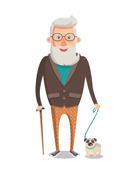 화이트에 고립 된 강아지와 함께 산책 하는 할아버지 — 스톡 벡터