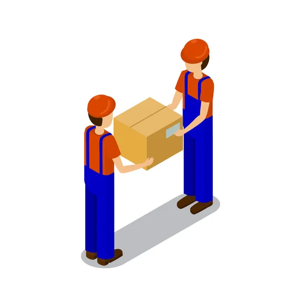 Arbeiter transportieren Produkte in quadratischer Schachtel — Stockvektor