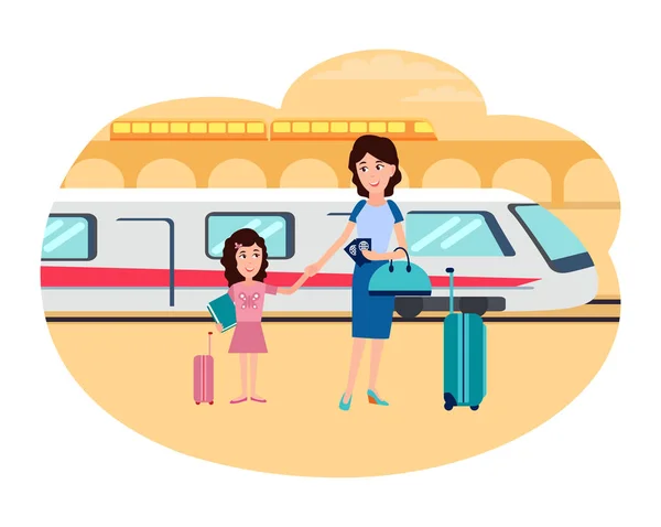 Refugees Mother and Daughter at Railway Station — Stock Vector