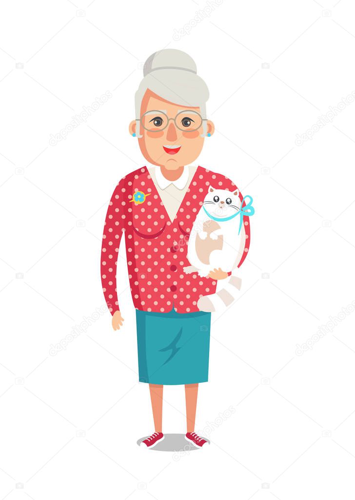 Elderly Woman in Red jacket Pet Cat, Grandmother