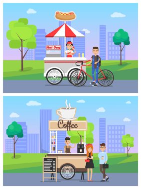 Kahve ve sosisli sandviç dükkanları vektör çizim ayarla