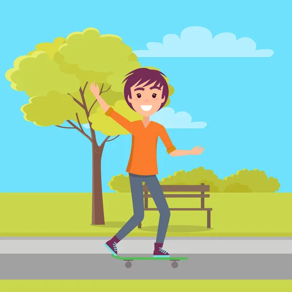 (Inggris) Sportive Boy in Park Skateboarding, Hobby Activity - Stok Vektor