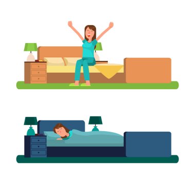 Kız sabah ve gece oturur ya da yatakta yatıyor