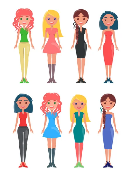 Collection de femmes dans le style de bande dessinée isolé — Image vectorielle