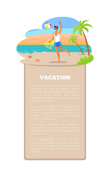 Vacation Poster Guy Playing with Ball at Coastline — Stock Vector